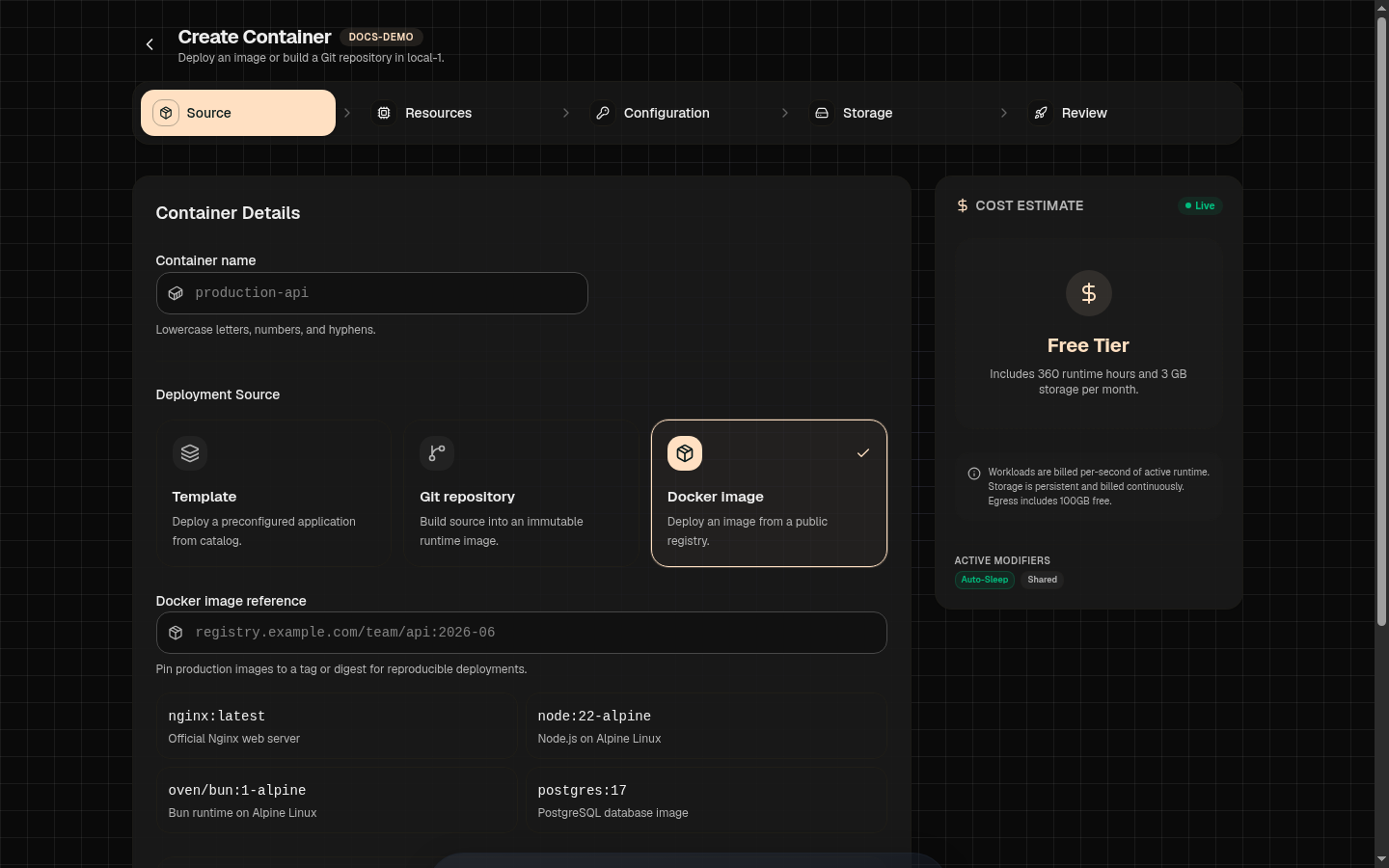 The Create Container wizard with Docker Image selected as the deployment source, showing the image reference input field
