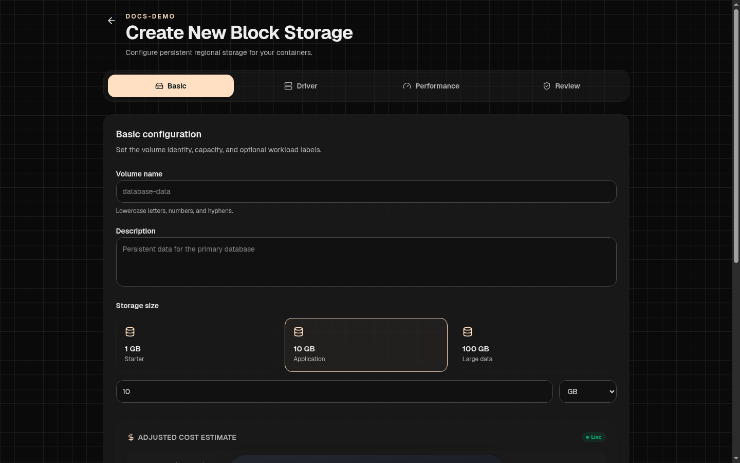 The Create New Block Storage wizard, Basic step, showing volume name, description, and storage size presets of 1 GB, 10 GB, and 100 GB
