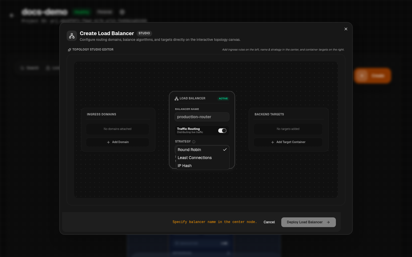 The Create Load Balancer Topology Studio dialog with the Strategy dropdown open, showing Round Robin, Least Connections, and IP Hash options