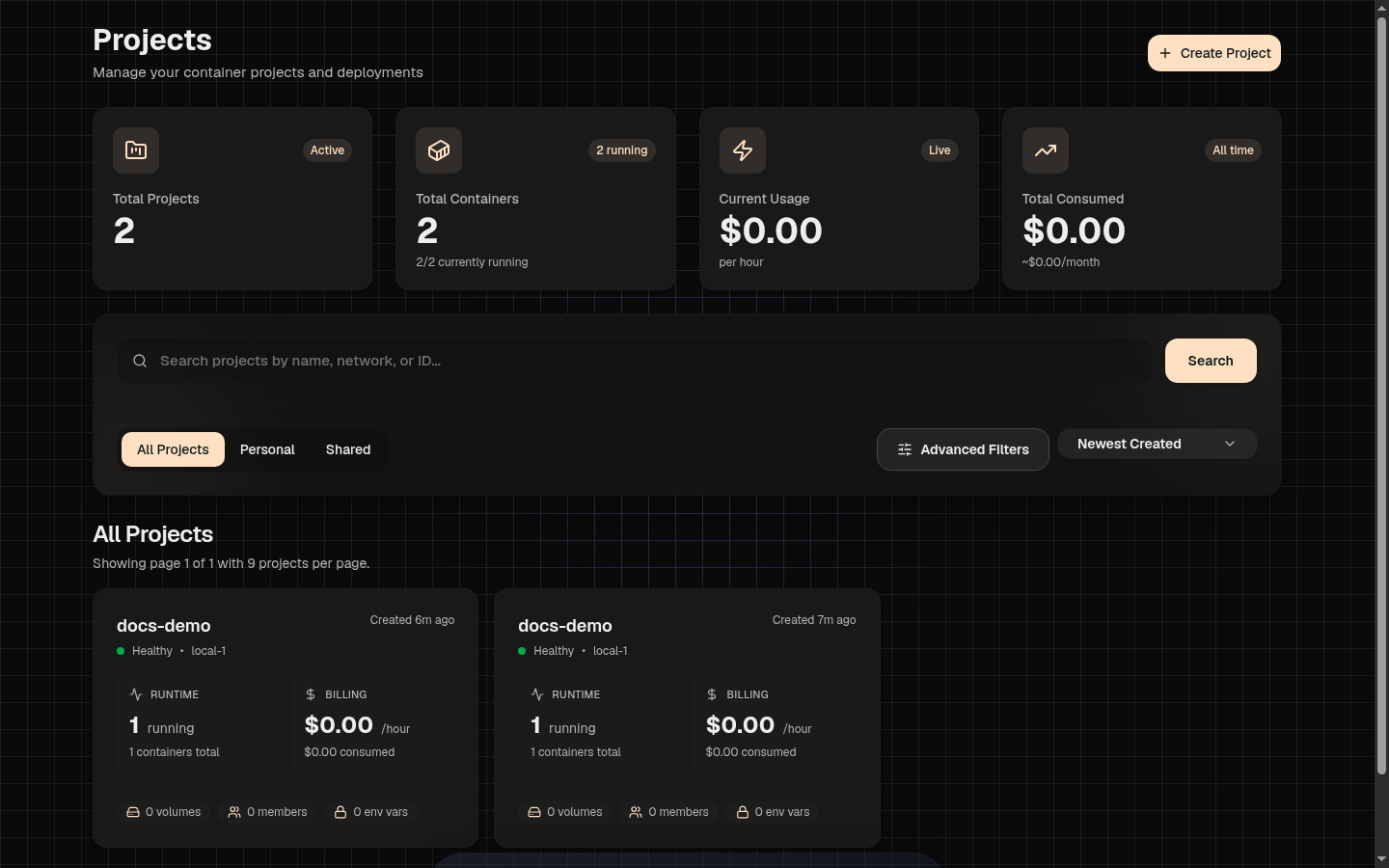 The Hubfly space projects overview, showing project cards with live container and cost stats